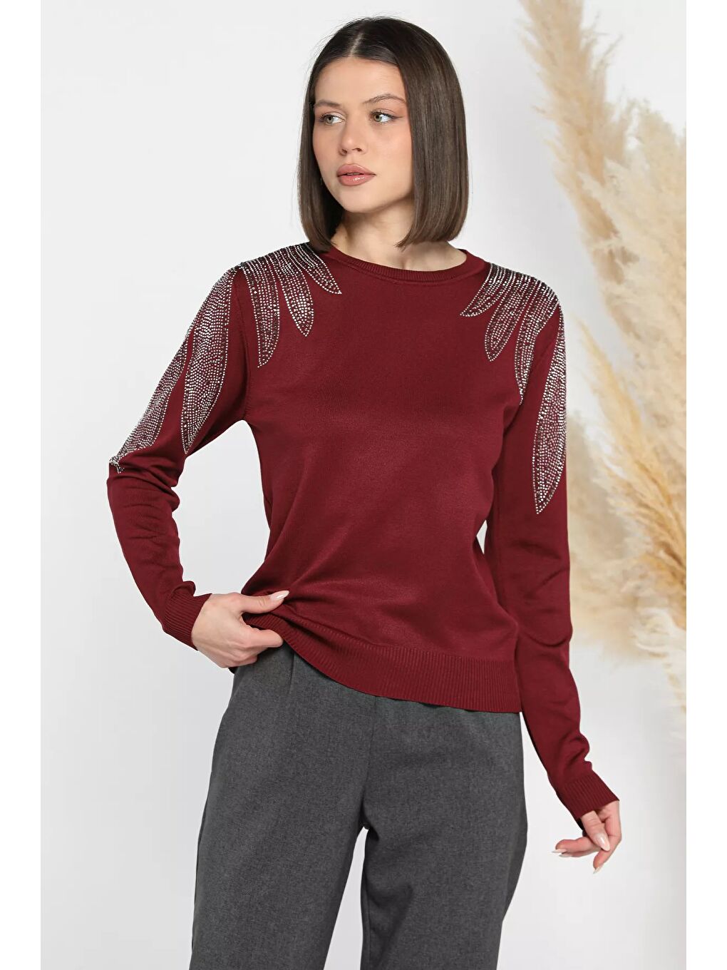 Bordo Taş İşlemeli Bisiklet Yaka Kadın Bluz-1
