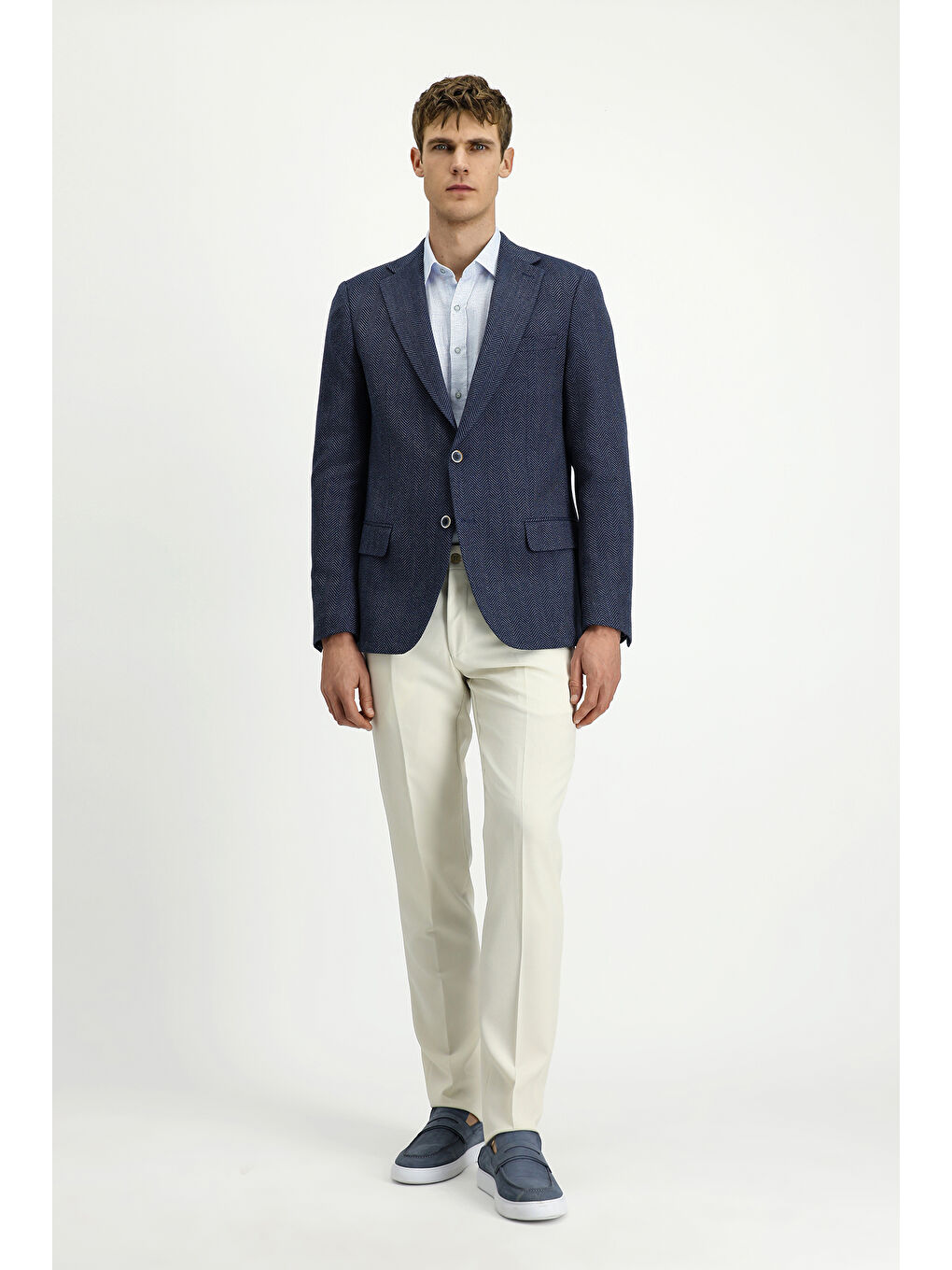 Lacivert 8 Drop Muscle Fit Uzun Atletik Kesim Yünlü Desenli Ceket-1