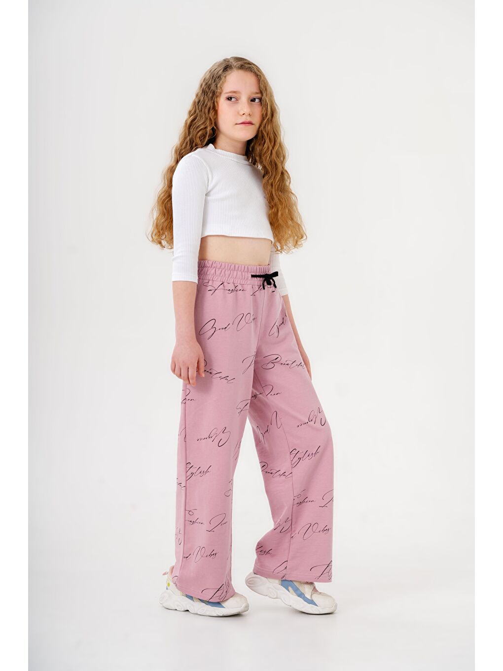 Pembe Geniş Paçalı Tüm Alan Baskılı Kız Çocuk Eşofman Altı-5
