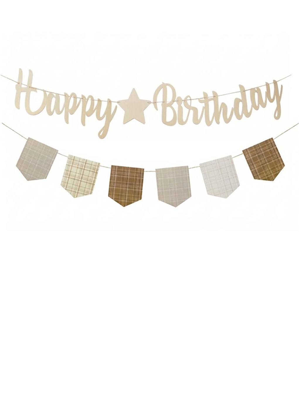 Happy Birthday Kaligrafi Banner – Retro Ekose Bayraklı Doğum Günü Süsü Bej-1