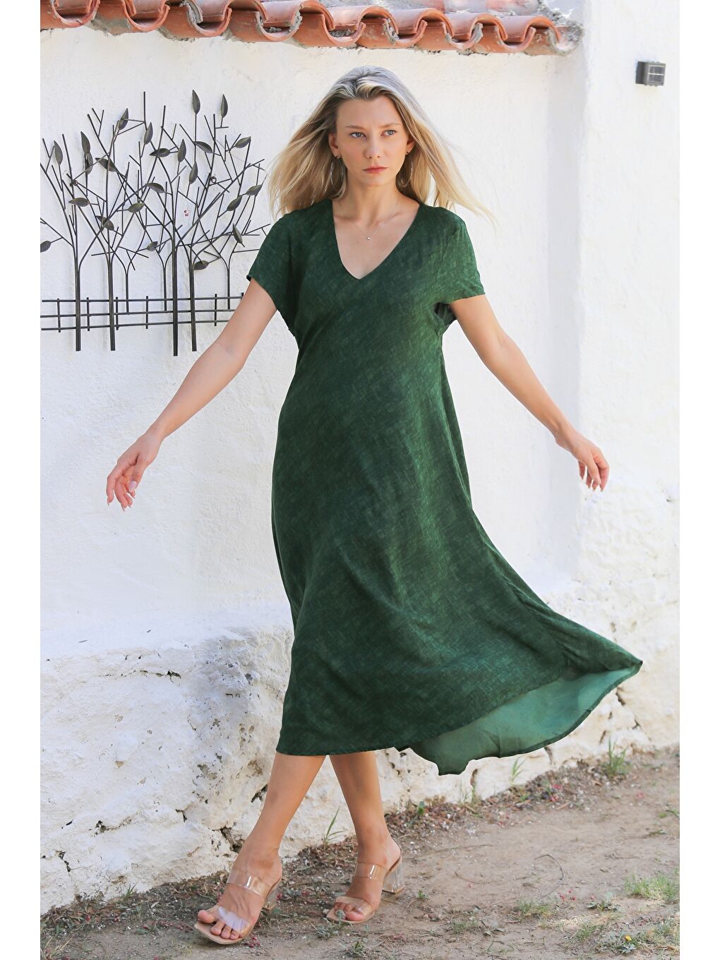 Koyu Yeşil V Yaka Kısa Kol Allover Baskılı Dokuma Casual Elbise-2