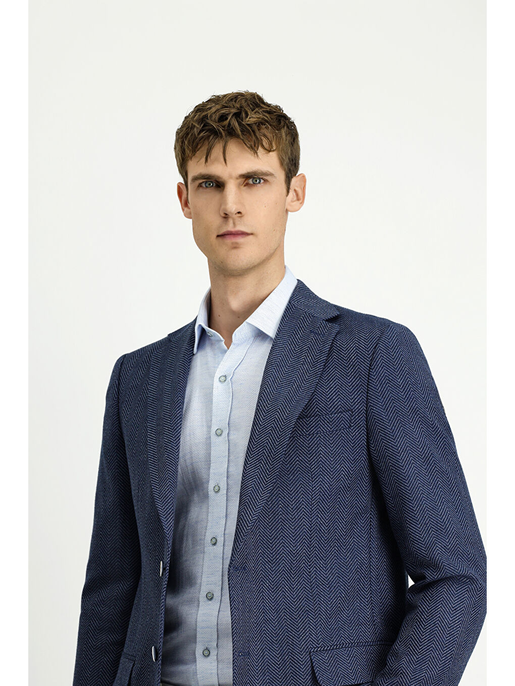 Lacivert 8 Drop Muscle Fit Uzun Atletik Kesim Yünlü Desenli Ceket-2