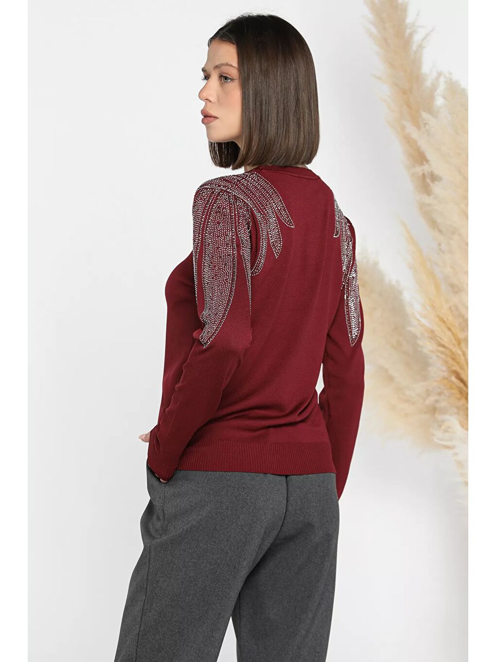 Bordo Taş İşlemeli Bisiklet Yaka Kadın Bluz-2