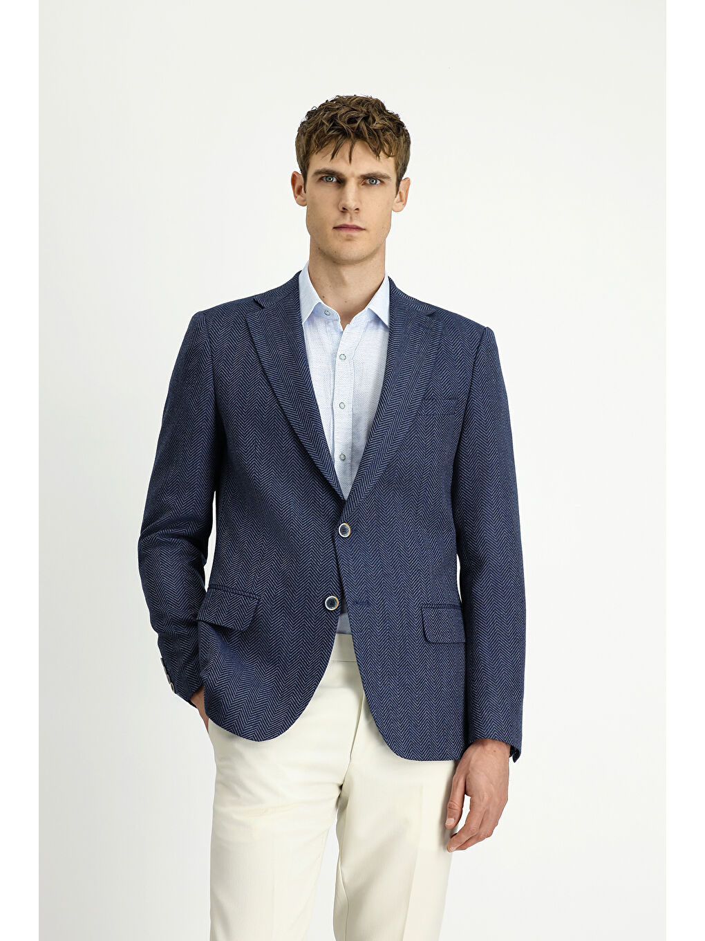 Lacivert 8 Drop Muscle Fit Uzun Atletik Kesim Yünlü Desenli Ceket-3