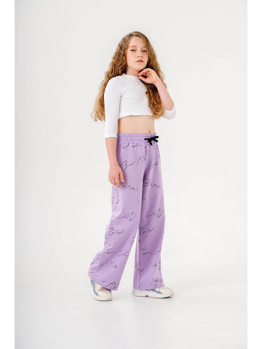 Lila Geniş Paçalı Tüm Alan Baskılı Kız Çocuk Eşofman Altı-7