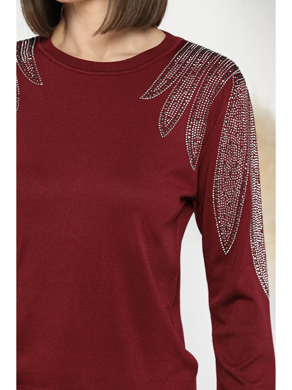 Bordo Taş İşlemeli Bisiklet Yaka Kadın Bluz-3