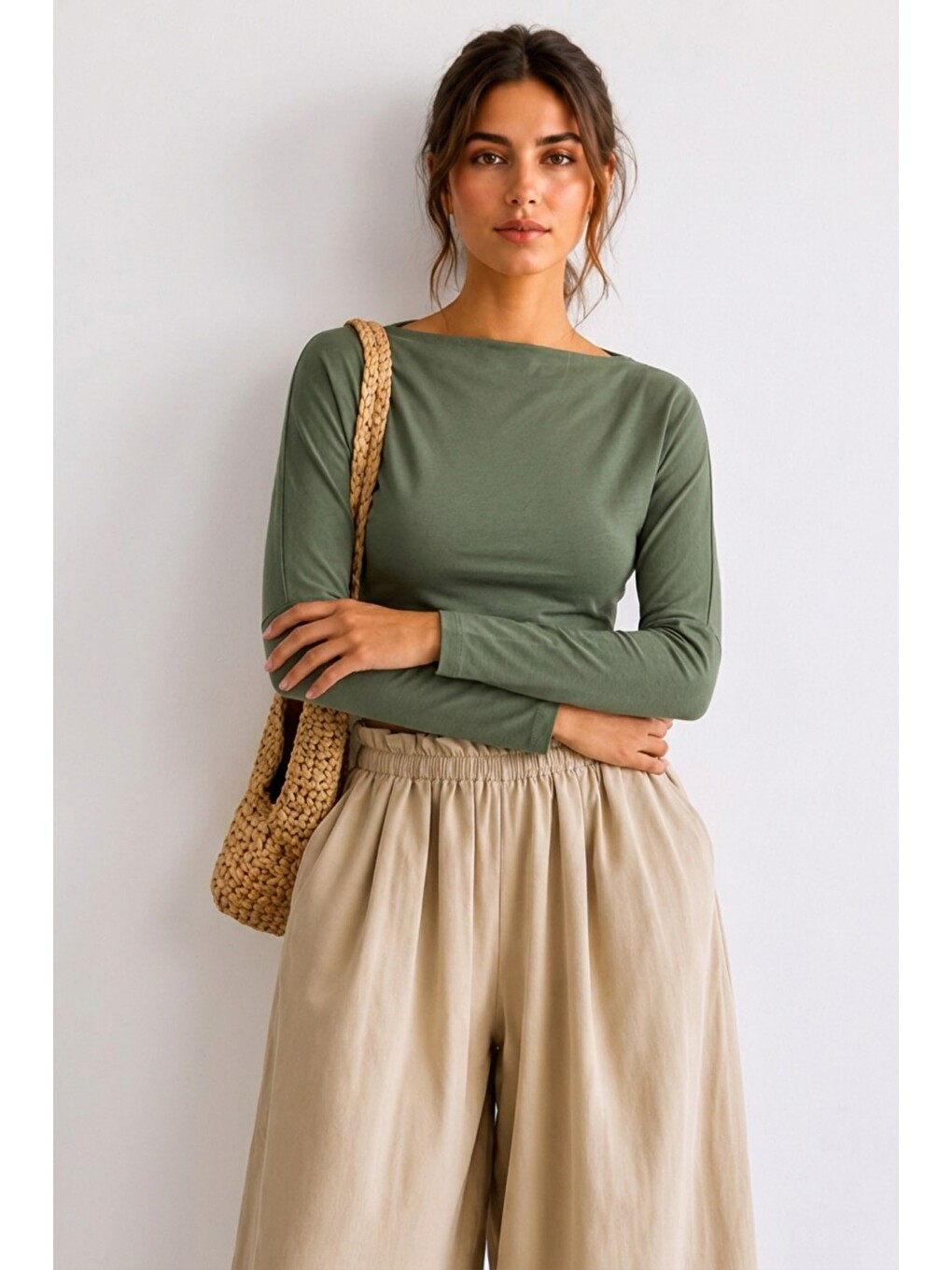 Kadın Crop Bodycone Uzun Kollu Haki Bluz-3