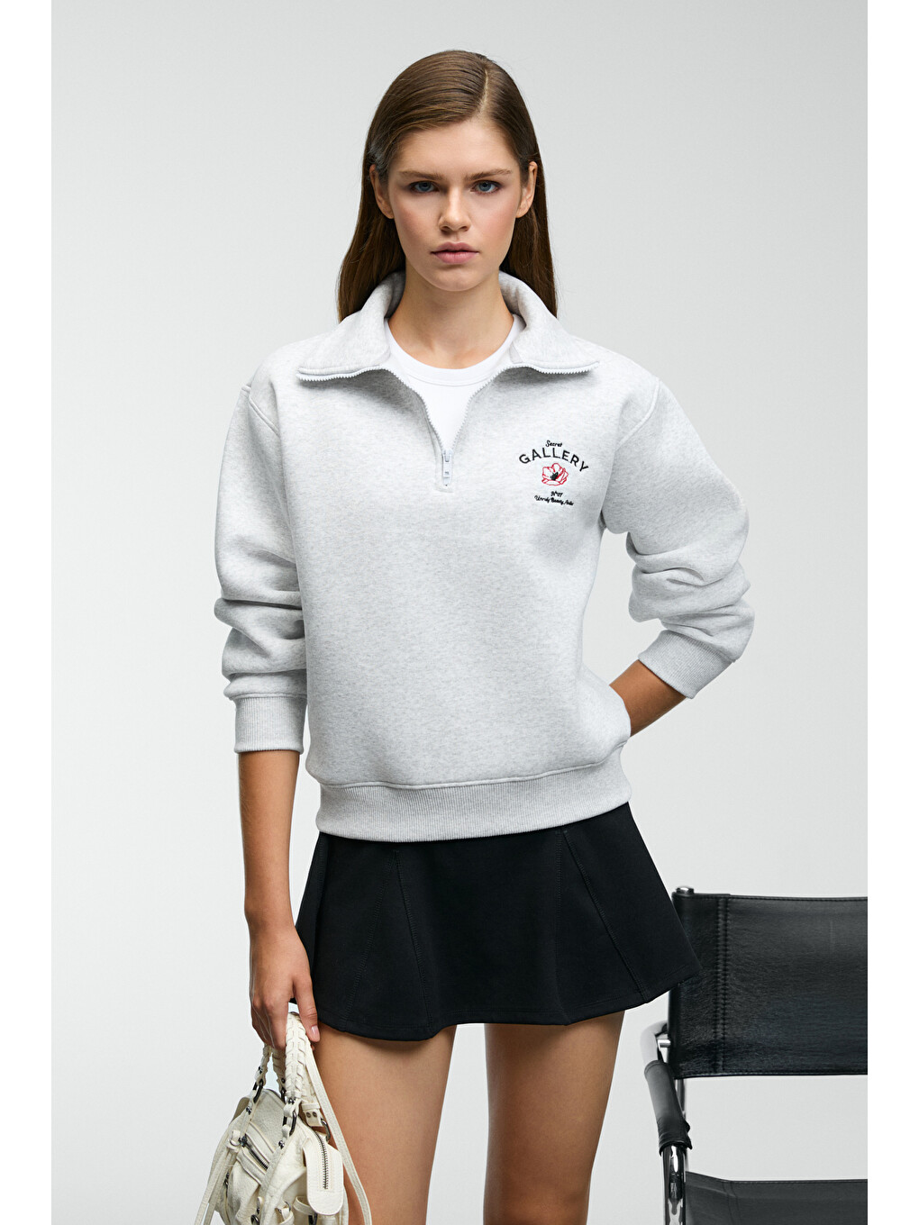 Belle Kadın Nakış Detaylı Yarım Fermuarlı Dik Yakalı Regular Fit Gri Melanj Sweatshirt-2