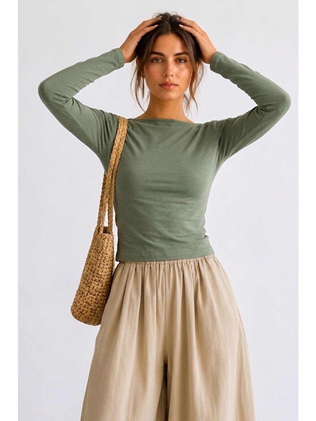 Kadın Crop Bodycone Uzun Kollu Haki Bluz-4