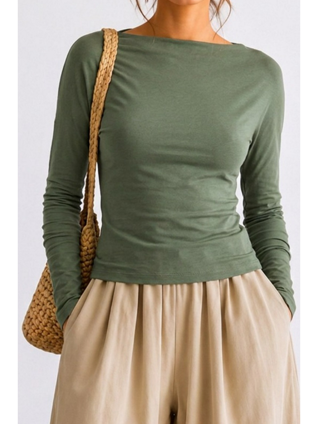 Kadın Crop Bodycone Uzun Kollu Haki Bluz-5