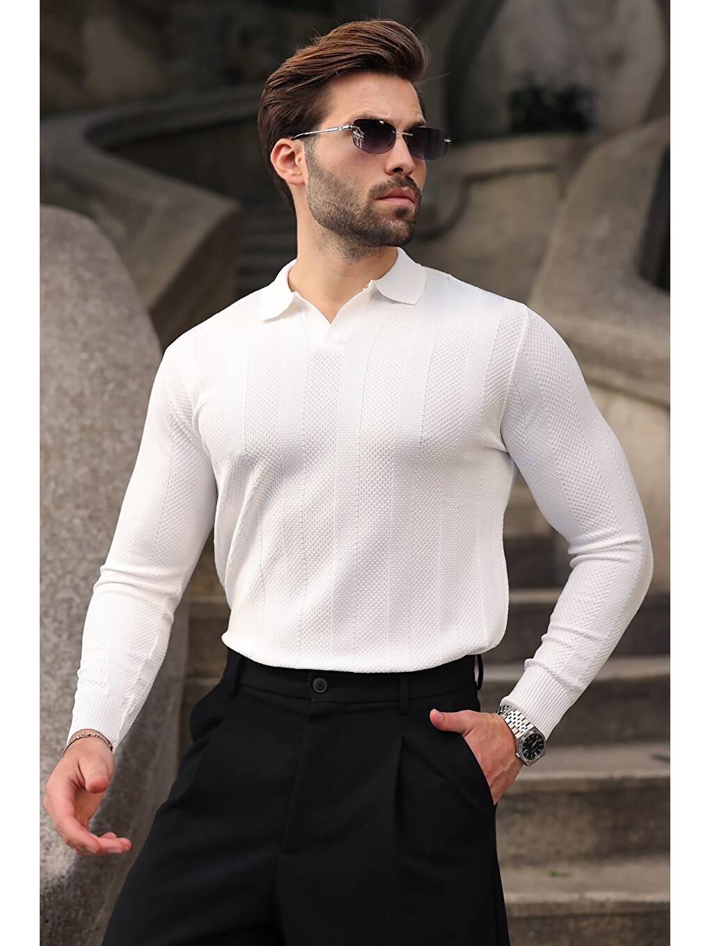 Beyaz Regular Fit Polo Yaka Triko Erkek Kazak E7509-1