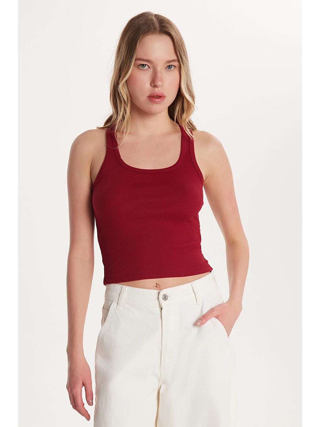 Kadın Slim Fit Dar Kesim İnce Askılı U Yaka Bordo Body Atlet