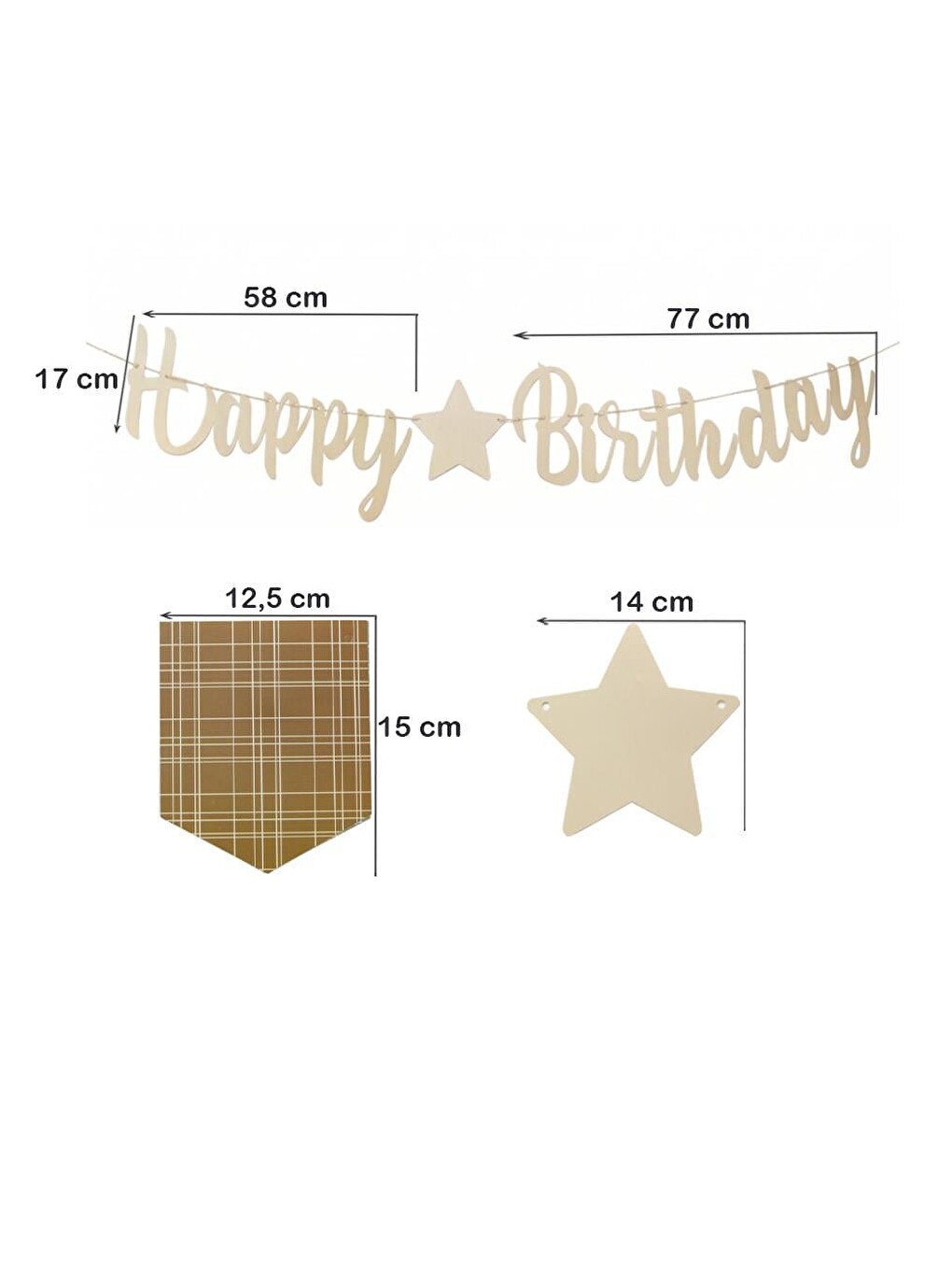 Happy Birthday Kaligrafi Banner – Retro Ekose Bayraklı Doğum Günü Süsü Bej-2