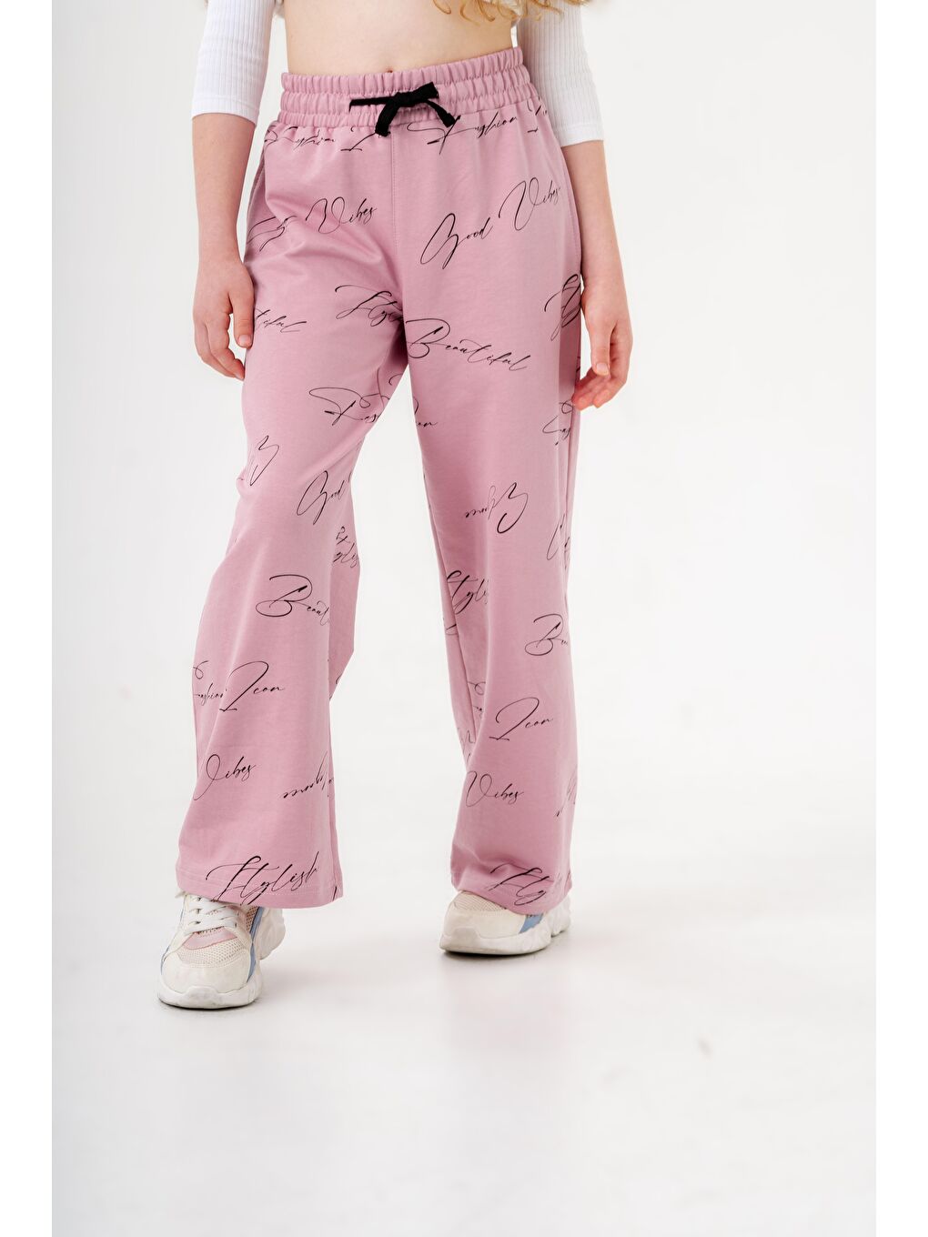 Pembe Geniş Paçalı Tüm Alan Baskılı Kız Çocuk Eşofman Altı-6