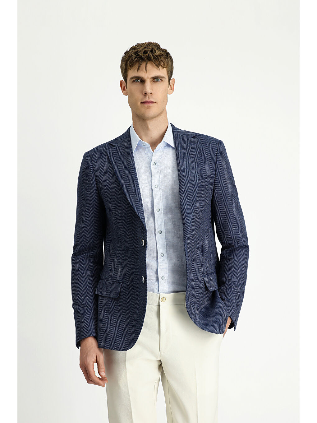 Lacivert 8 Drop Muscle Fit Uzun Atletik Kesim Yünlü Desenli Ceket-4