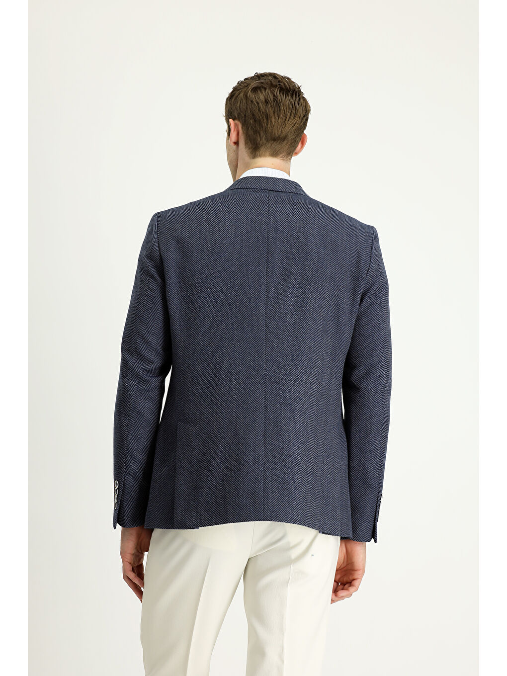 Lacivert 8 Drop Muscle Fit Uzun Atletik Kesim Yünlü Desenli Ceket-5