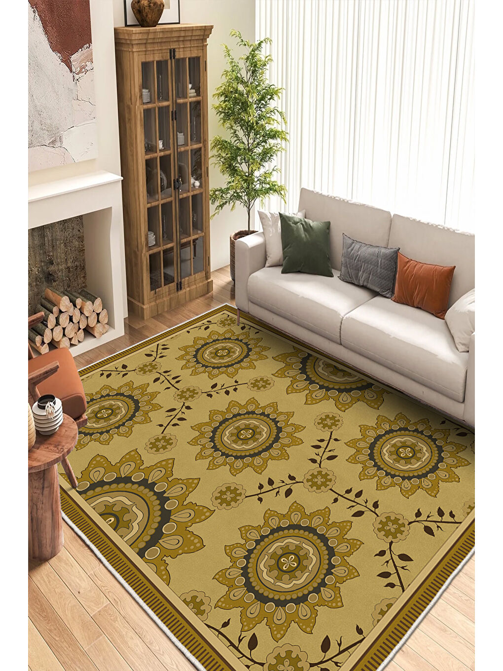 Sarı Dekoratif Özel Tasarım Yıkanabilir İnce Kaymaz Tabanlı Modern Halı KECE FR48