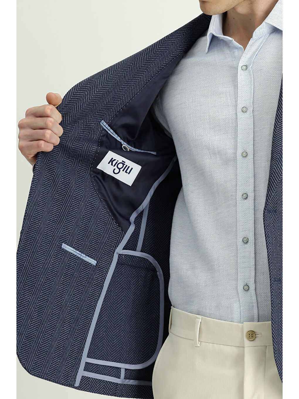 Lacivert 8 Drop Muscle Fit Uzun Atletik Kesim Yünlü Desenli Ceket-6