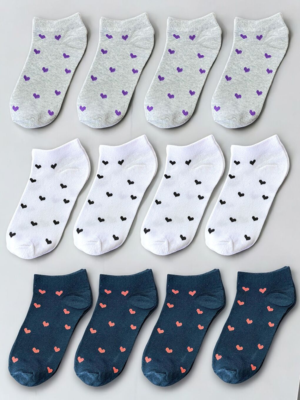 Gri 12'li Kadın Karışık Kalpli Pamuklu Patik Çorap