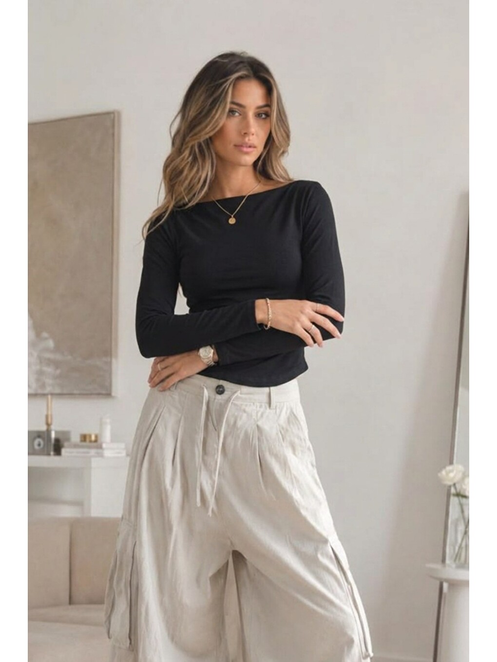 Kadın Düşük Omuz Slim Örme Siyah Bluz-3