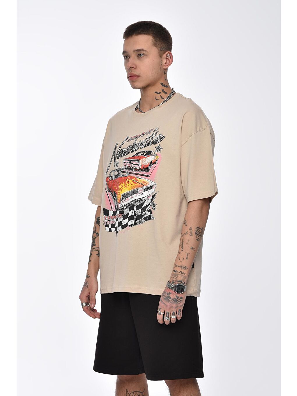 Bej Taş Baskılı Overize Tişört