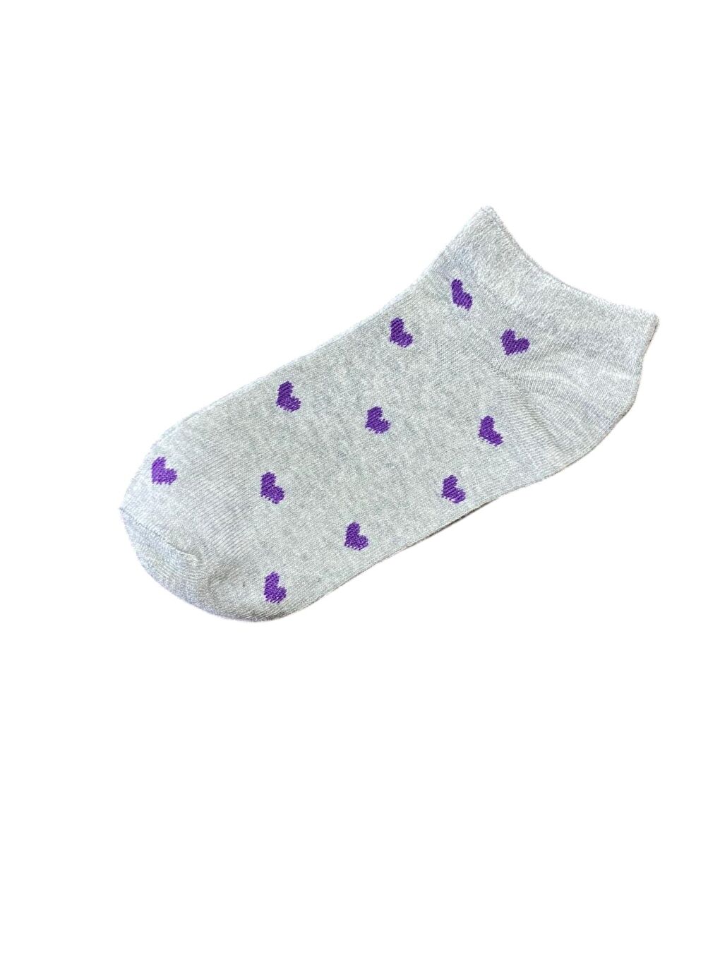 Gri 12'li Kadın Karışık Kalpli Pamuklu Patik Çorap-7