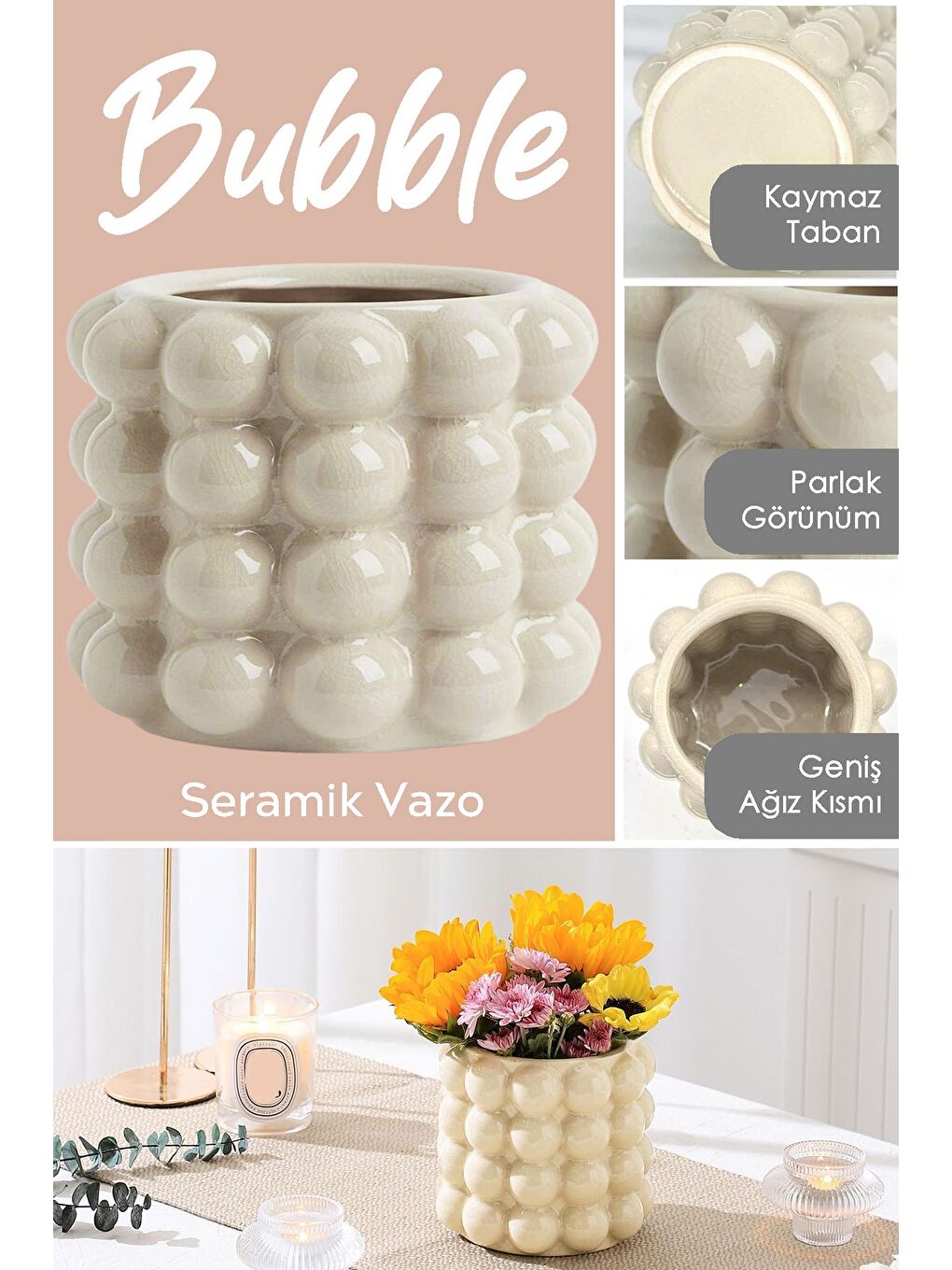 Ekru Seramik Bubble Vazo-2