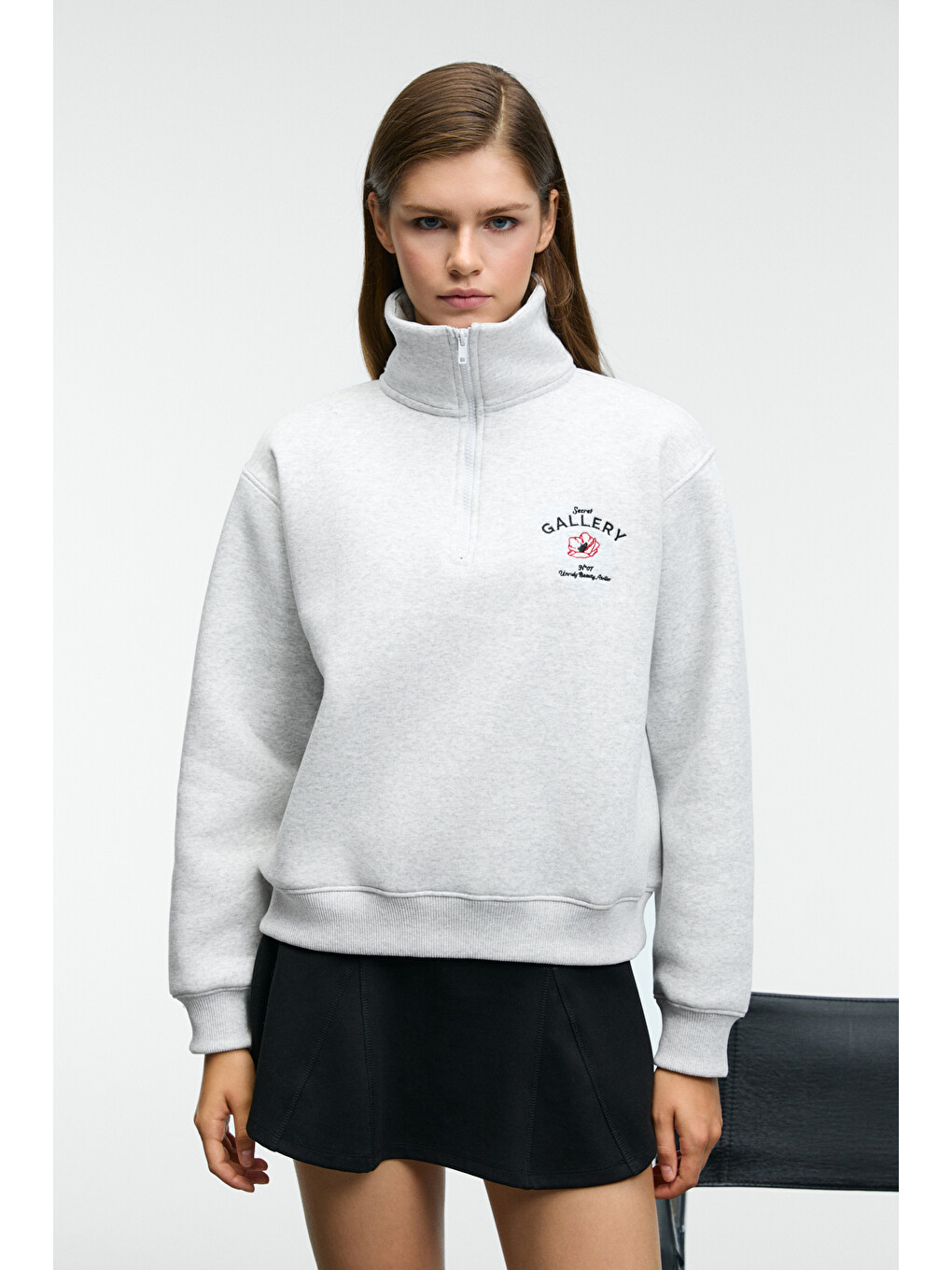Belle Kadın Nakış Detaylı Yarım Fermuarlı Dik Yakalı Regular Fit Gri Melanj Sweatshirt-3