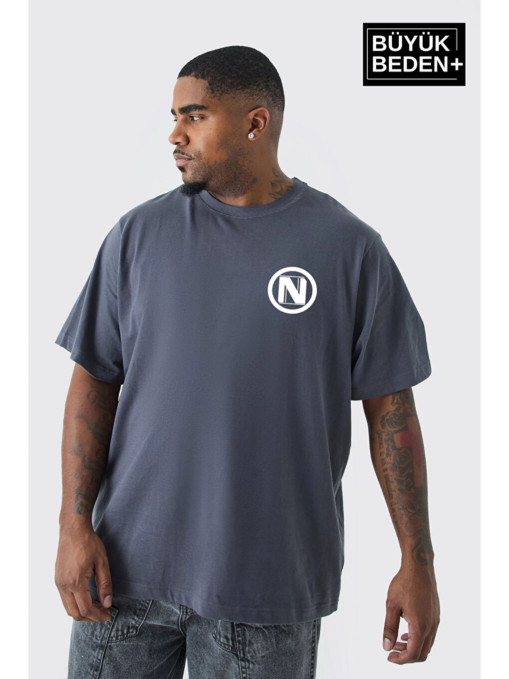 Gri Erkek Büyük Beden N Baskılı Bisiklet Yaka Tişört SPR25BTS902