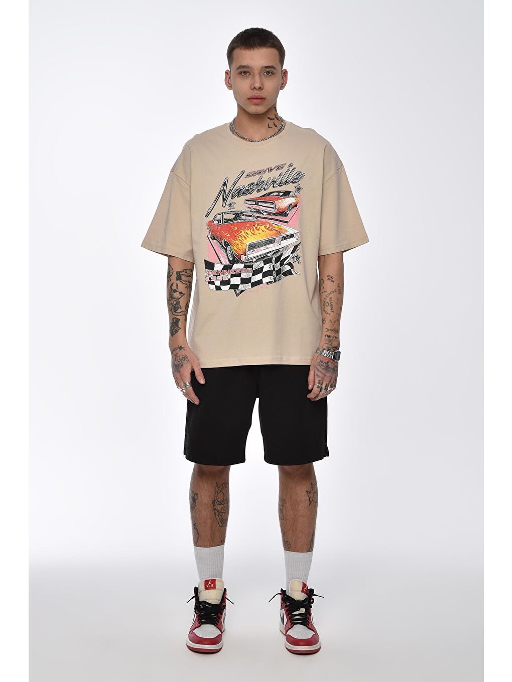 Bej Taş Baskılı Overize Tişört-1