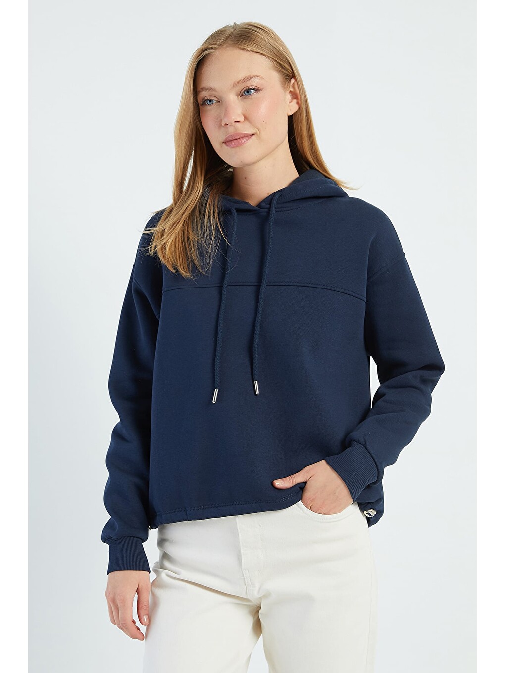Lacivert 3 İplik Stoperli Kapüşonlu Oversize Sweatshirt