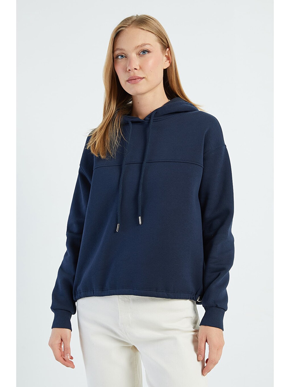Lacivert 3 İplik Stoperli Kapüşonlu Oversize Sweatshirt-1