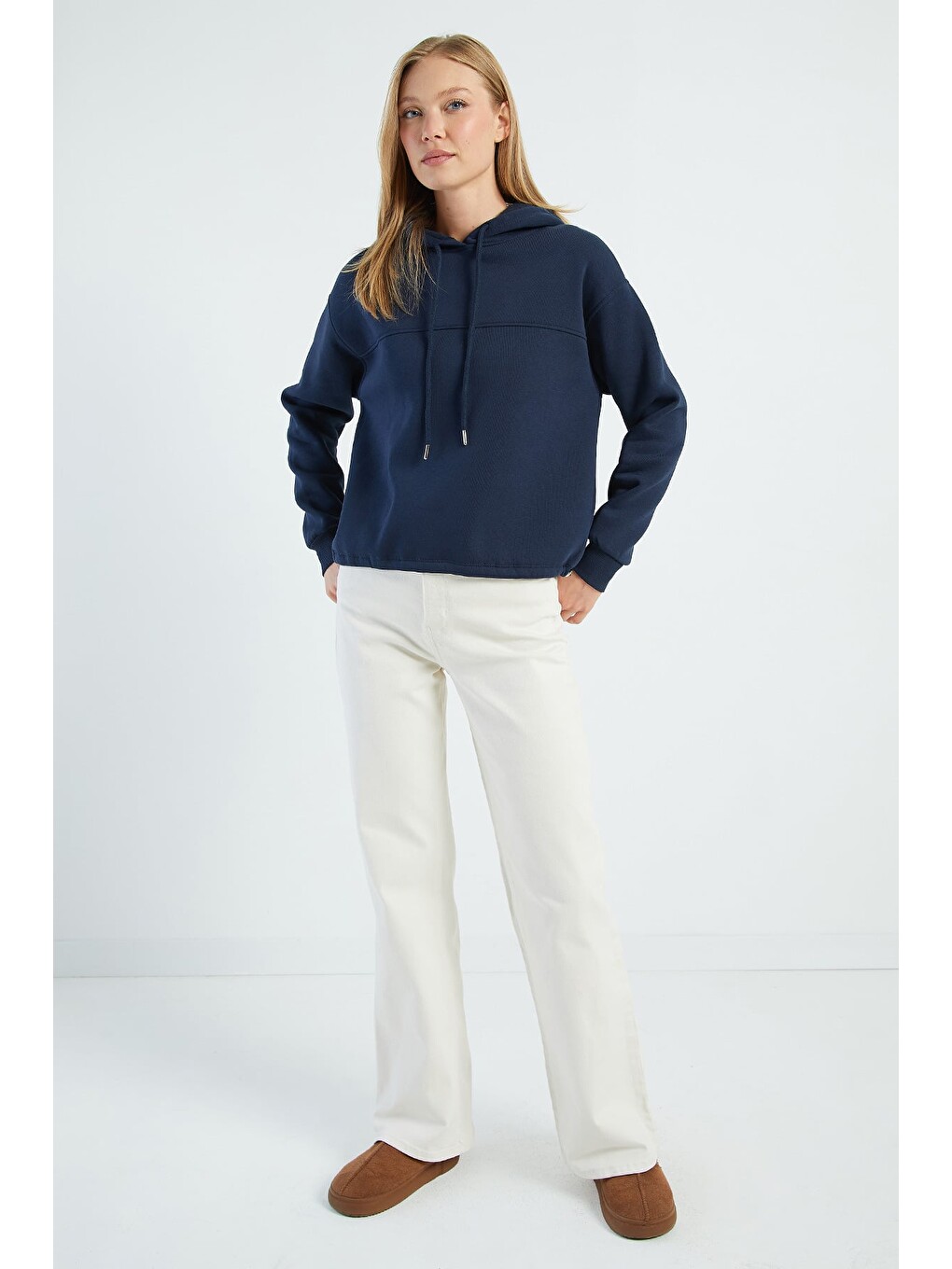 Lacivert 3 İplik Stoperli Kapüşonlu Oversize Sweatshirt-2