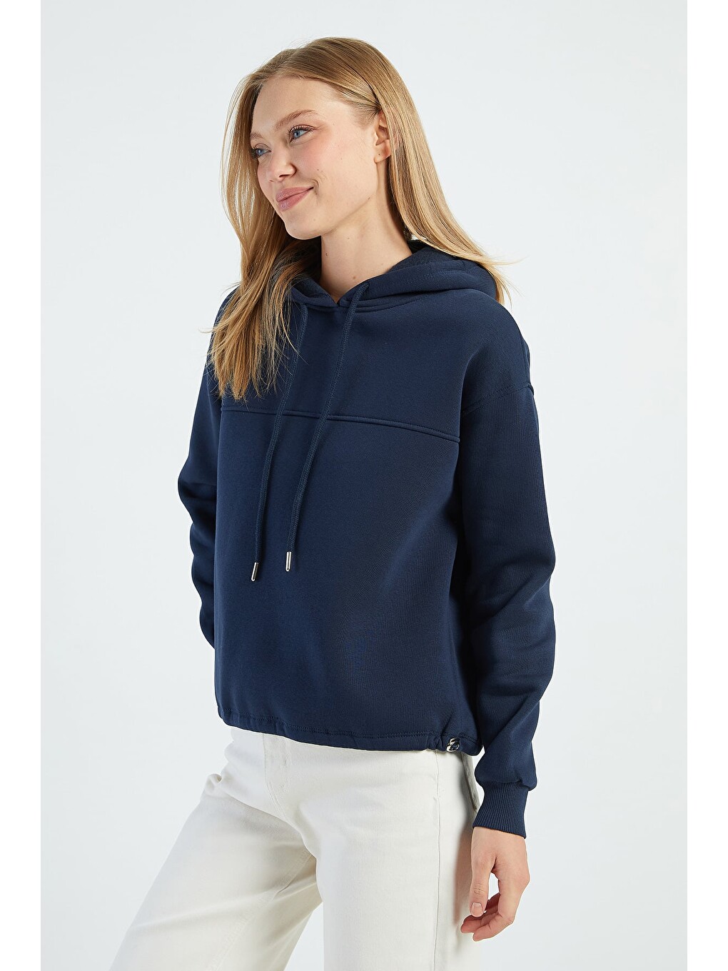 Lacivert 3 İplik Stoperli Kapüşonlu Oversize Sweatshirt-3