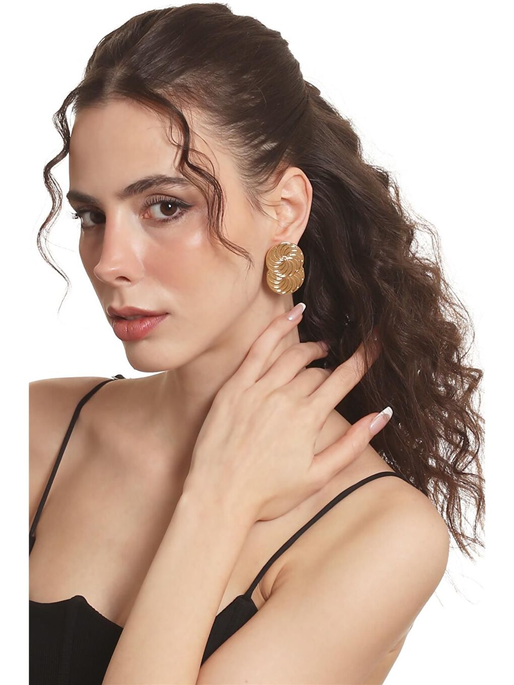 Sarı Kadın Lak  Kaplama Çivili Model Spiral Baskılı Tasarım Küpe-3