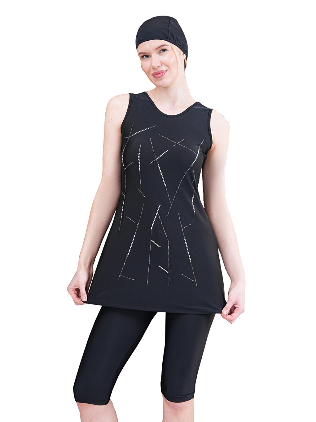 Taş Detaylı Elastanlı Sıfır Kol Yarı Kapalı Tesettür Mayo Arzu 2519 Siyah-3