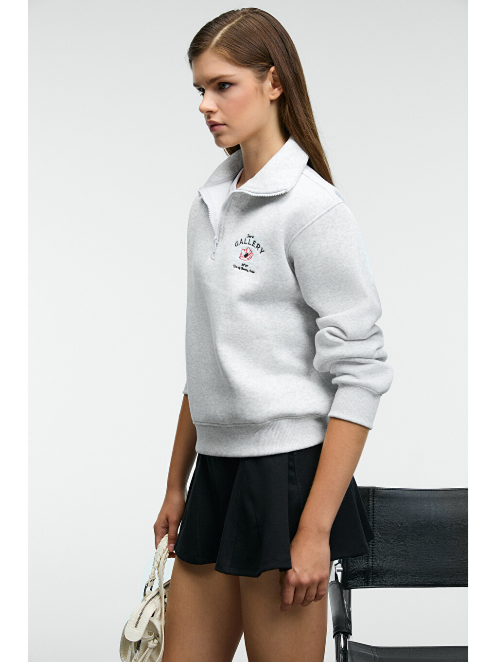 Belle Kadın Nakış Detaylı Yarım Fermuarlı Dik Yakalı Regular Fit Gri Melanj Sweatshirt-4