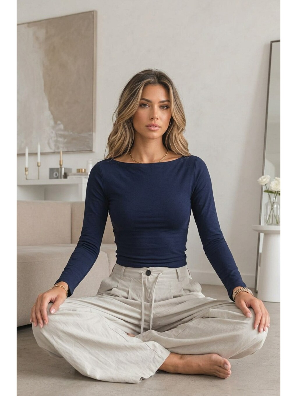 Kadın Düşük Omuz Slim Örme Lacivert Bluz-3