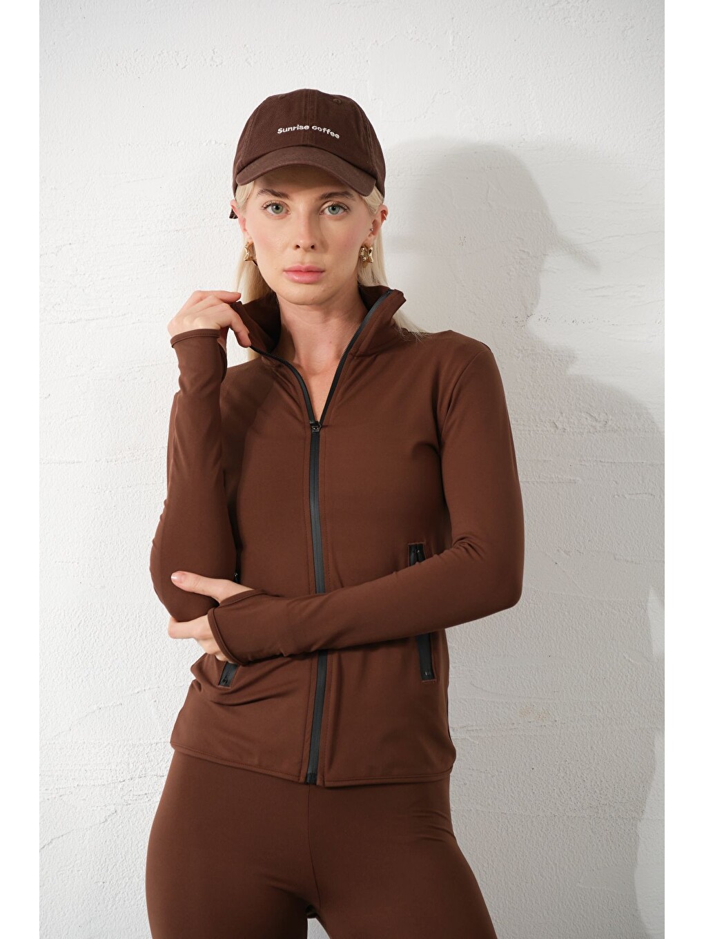 Kahverengi Water Proof Fermuar Çift Cepli Light warm running ceketi Eşofman üstü-1