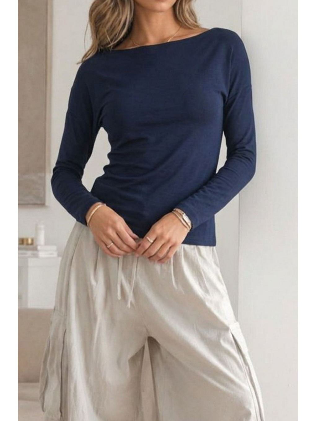 Kadın Düşük Omuz Slim Örme Lacivert Bluz-5