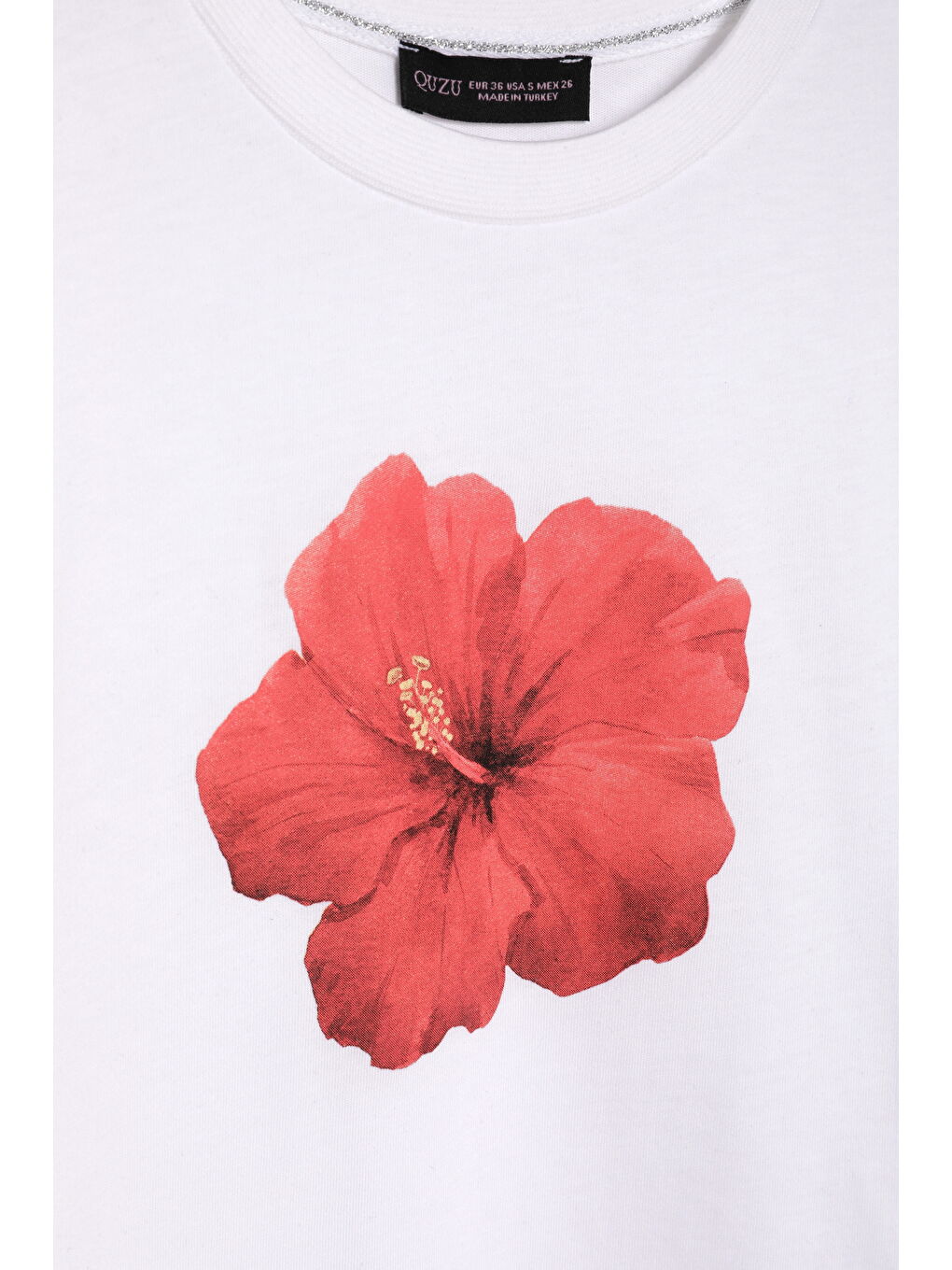 Renkli Hibiskus Çiçekli Tişört Beyaz-2