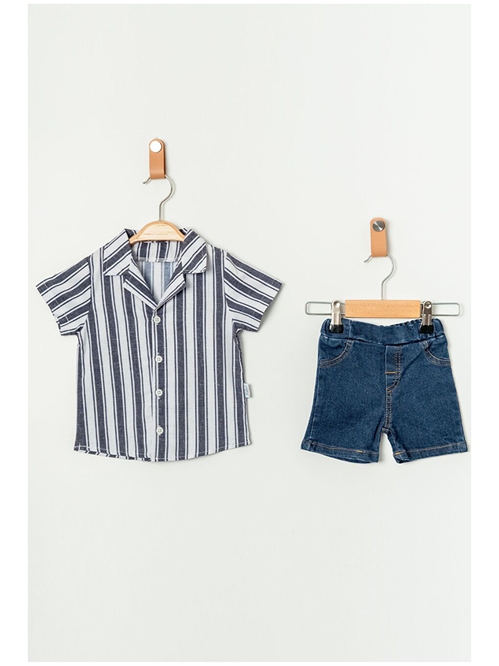 Lacivert Erkek Bebek Çizgili Gömlek Jean Şort Takım