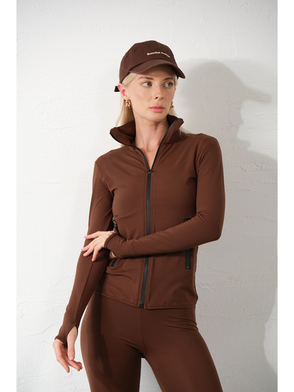Kahverengi Water Proof Fermuar Çift Cepli Light warm running ceketi Eşofman üstü-6