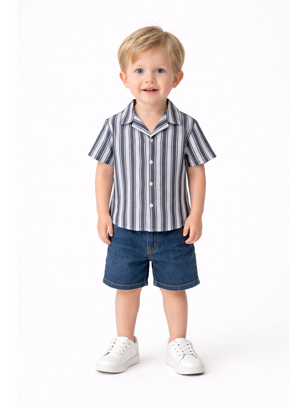 Lacivert Erkek Bebek Çizgili Gömlek Jean Şort Takım-2