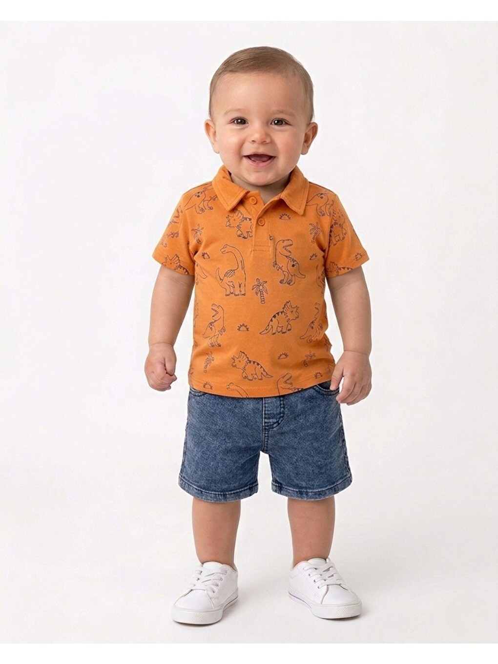 Turuncu Erkek Bebek Yazlık Dinozor Baskılı Polo Yaka T-shirtlü 6-9-12-18-24 Ay Jean Şort Bayramlık Takım-1