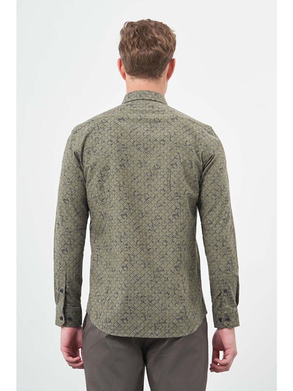 Koyu Haki Uzun Kol Yarım İtalyan Yaka Cepsiz Pamuklu Classic Slim Fit Gömlek 1004245222-4