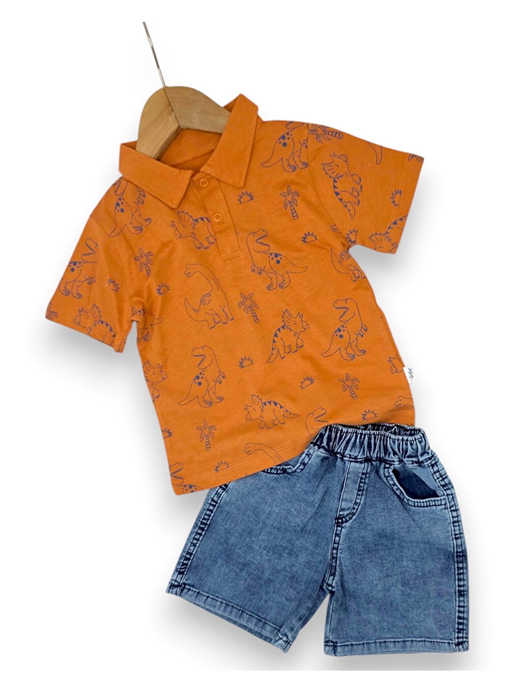 Turuncu Erkek Bebek Yazlık Dinozor Baskılı Polo Yaka T-shirtlü 6-9-12-18-24 Ay Jean Şort Bayramlık Takım-2
