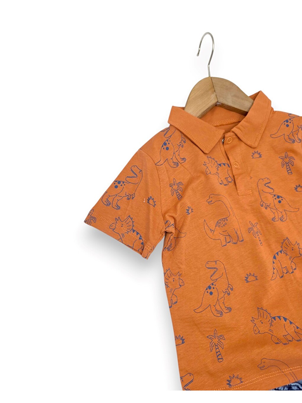 Turuncu Erkek Bebek Yazlık Dinozor Baskılı Polo Yaka T-shirtlü 6-9-12-18-24 Ay Jean Şort Bayramlık Takım-3