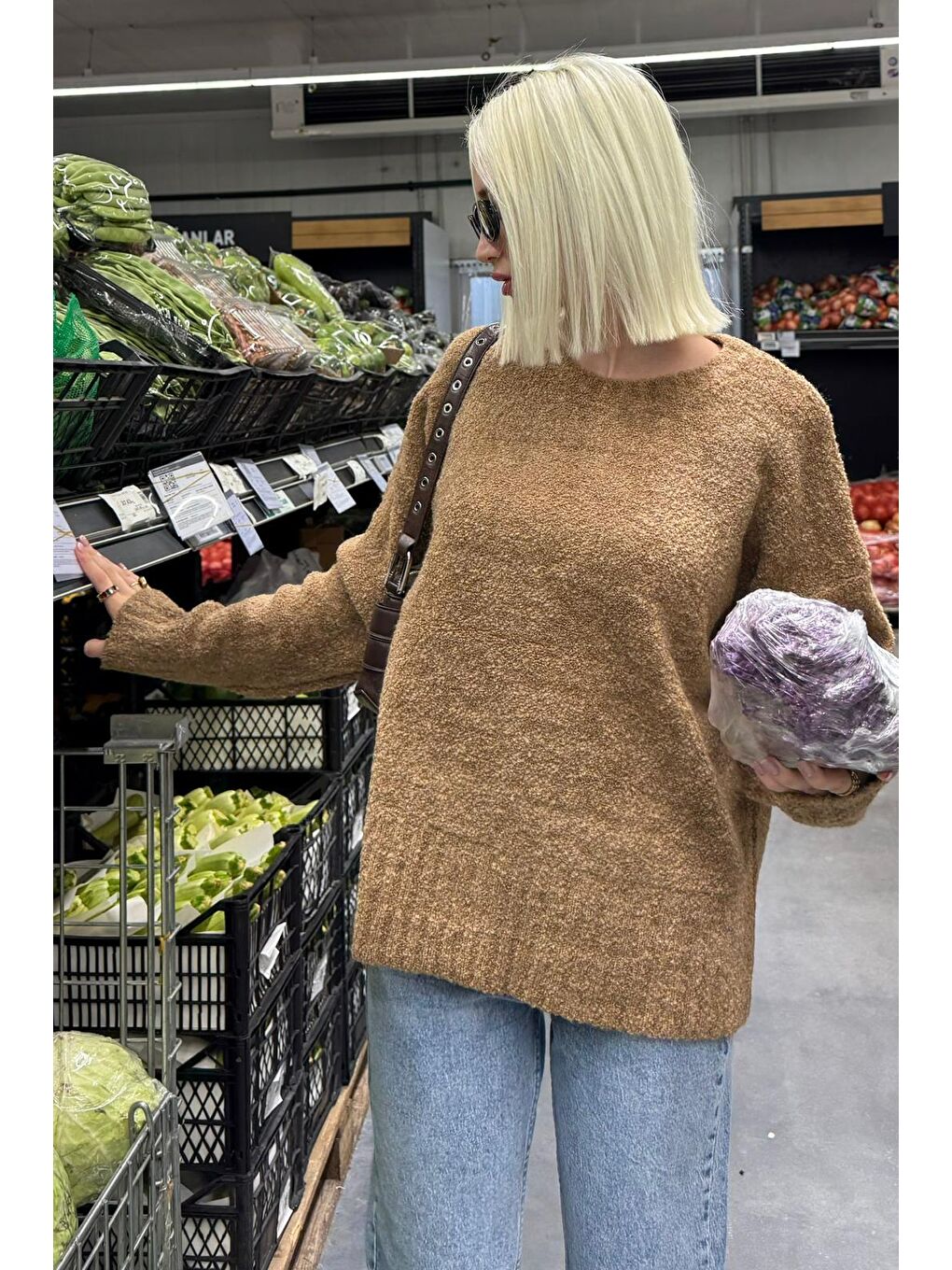 Kahverengi Camel Bisiklet Yaka Kadın Buklet Kazak Mg2480-1