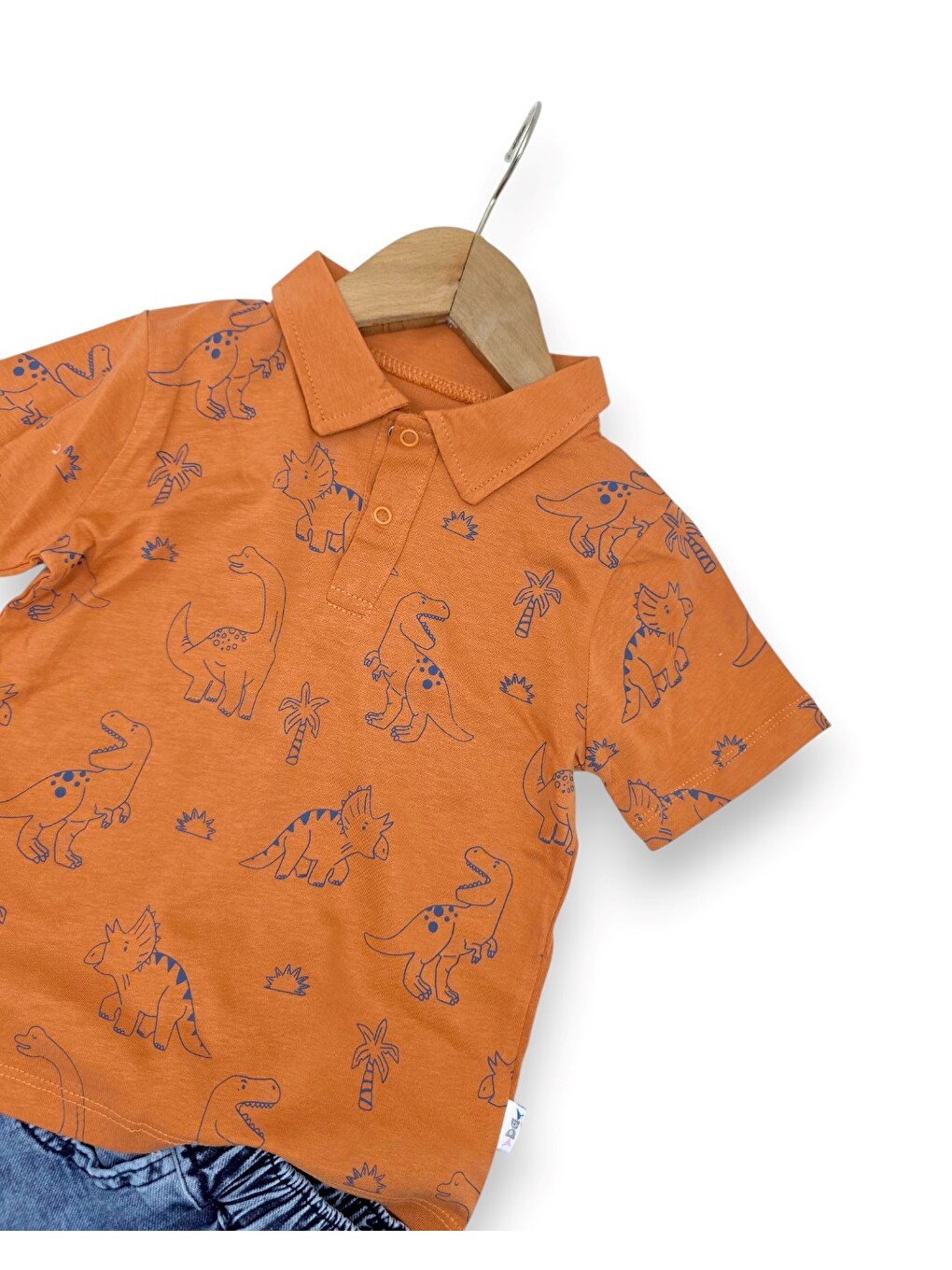 Turuncu Erkek Bebek Yazlık Dinozor Baskılı Polo Yaka T-shirtlü 6-9-12-18-24 Ay Jean Şort Bayramlık Takım-4